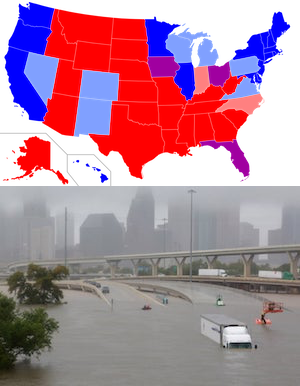 Top: blue and red states, Wikipedia. Bottom: Houston flooding, Richard Carson/Reuters.